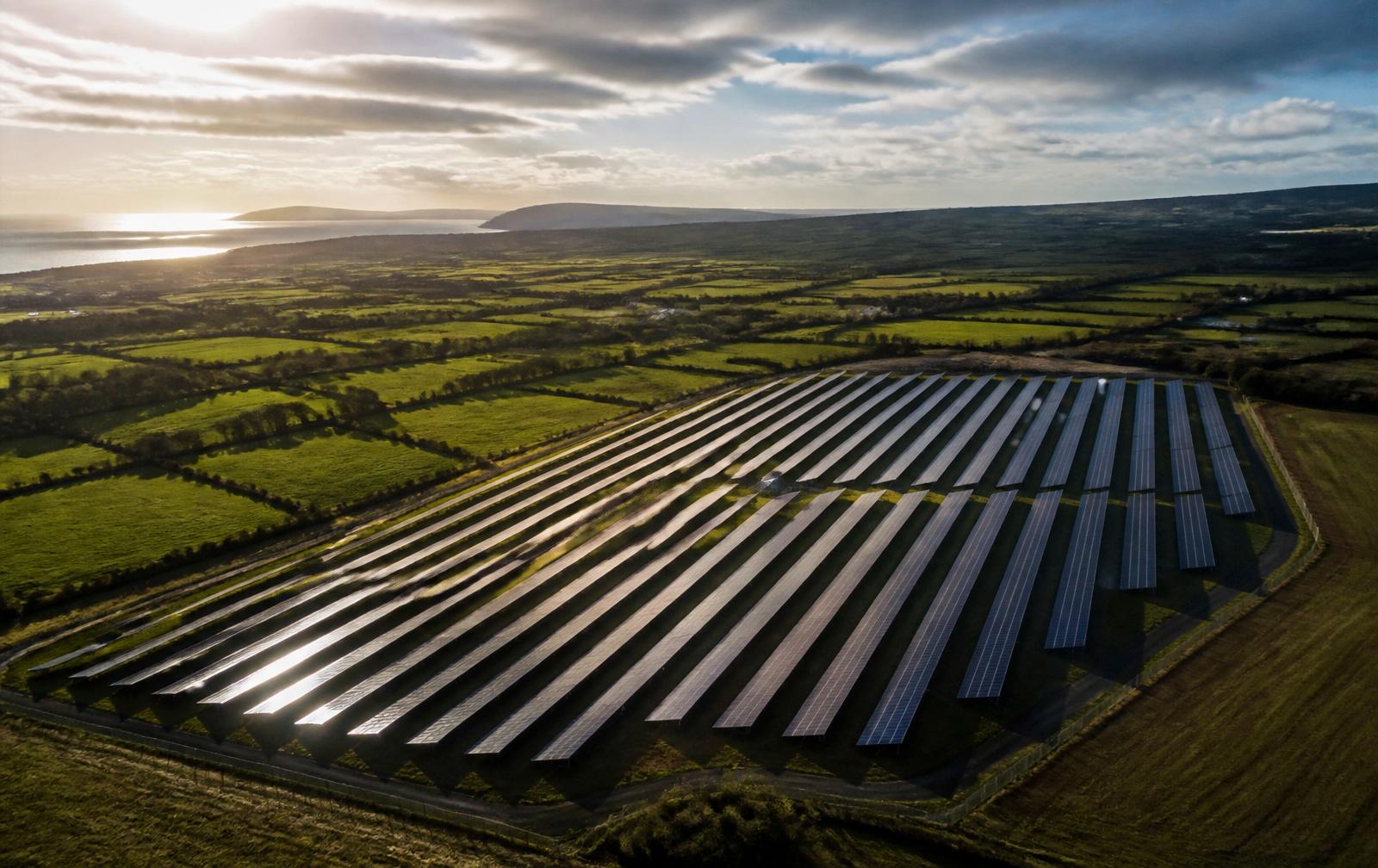 Rows of solar photovoltaic panels on a utility-scale Irish solar farm